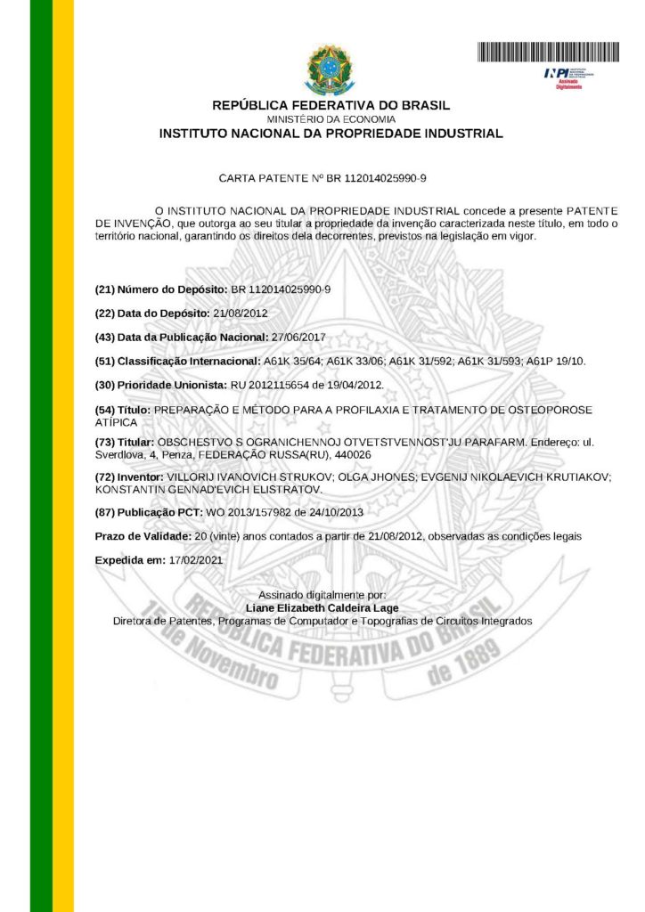 Сертификат патента на остео-вит Бразилия